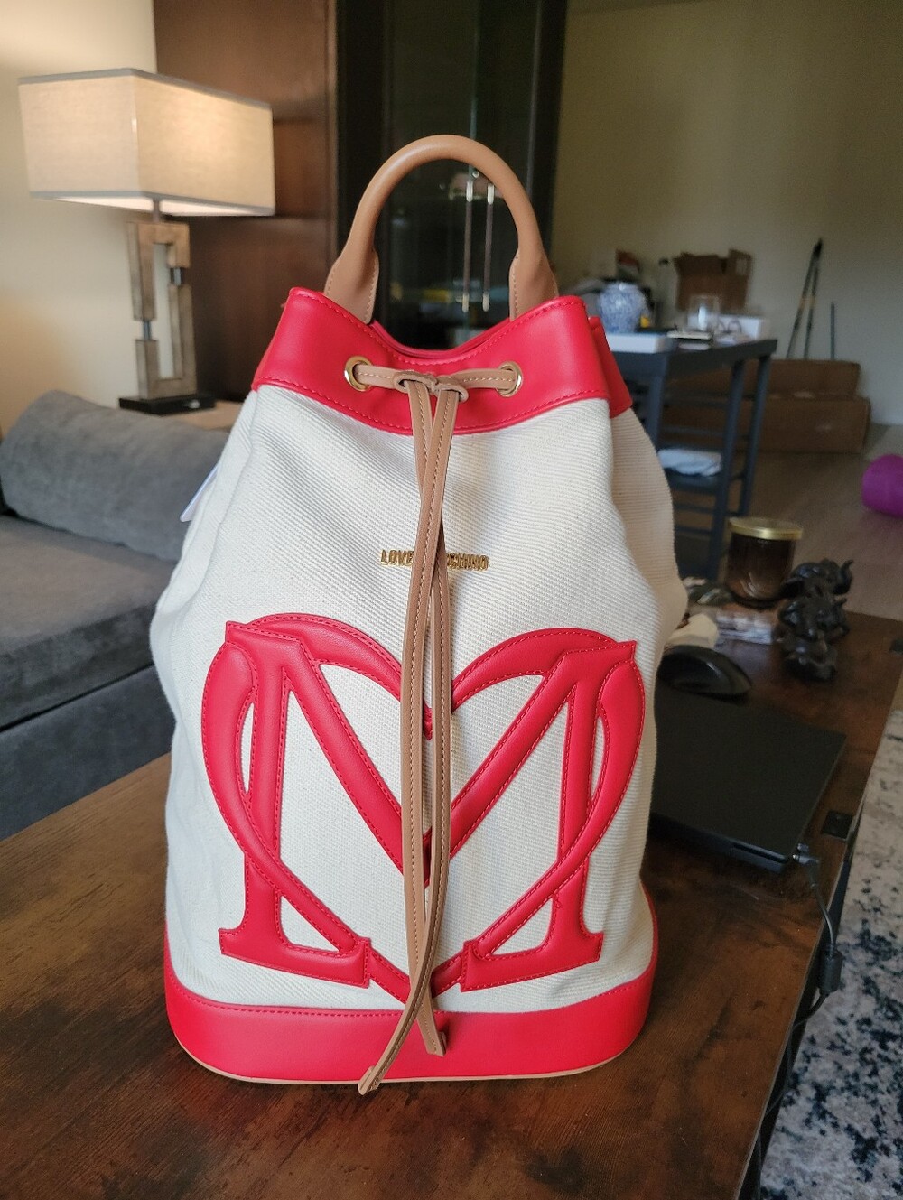 LOVE MOSCHINO Shoulder/Sling Borsa Canvas Naturale & PU Red - Picture 16 of 16